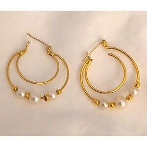 Classic Napier Double Hoop Earrings Faux Pearl Beads Gold Tone 1" Elegant Career